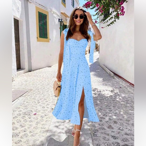 Blue Floral Dress with Bow Straps - Picture 2 of 3